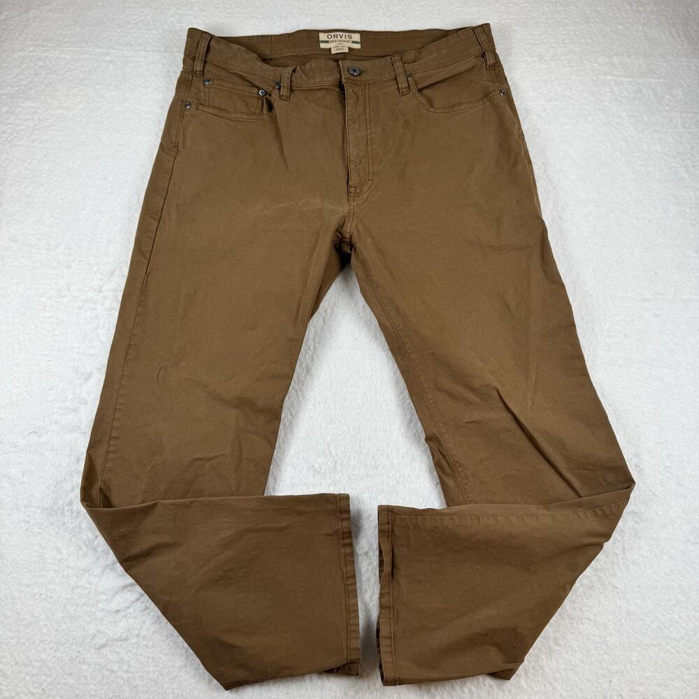Orvis Jeans Mens Size 38x30 Brown Five Pocket Straight Leg Stretch Denim Casual